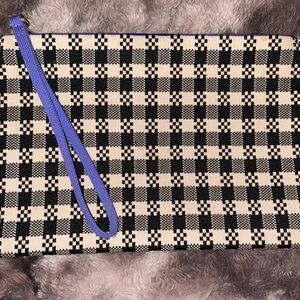 Rothy's Black and Cream Checkered Clutch with Purple Strap